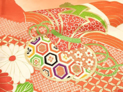 平和屋着物[]七五三　女の子　７歳　祝着　四つ身　駒刺繍　打ち出の小槌　仕覆花文　暈し染め　金彩　逸品　DABE7230ma