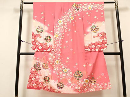 平和屋着物[]七五三　女の子　７歳　祝着　四つ身　舞桜文　鞠　暈し染め　金彩　逸品　DABE7232ma