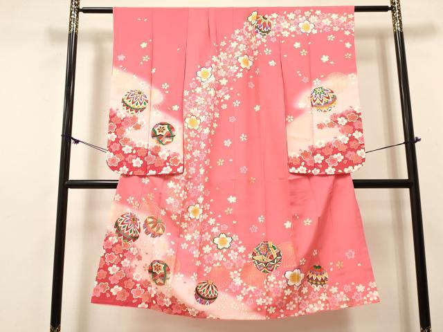 平和屋着物[]七五三　女の子　７歳　祝着　四つ身　舞桜文　鞠　暈し染め　金彩　逸品　DABE7232ma