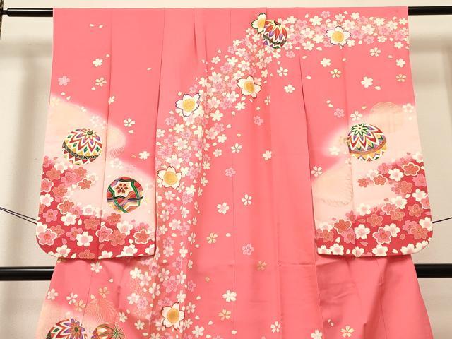 平和屋着物[]七五三　女の子　７歳　祝着　四つ身　舞桜文　鞠　暈し染め　金彩　逸品　DABE7232ma