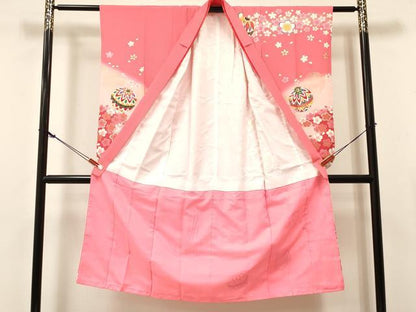 平和屋着物[]七五三　女の子　７歳　祝着　四つ身　舞桜文　鞠　暈し染め　金彩　逸品　DABE7232ma