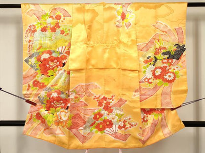 平和屋着物[]七五三　女の子　３歳　祝着　三つ身　駒刺繍　扇面牡丹花文　暈し染め　金彩　逸品　DABE7236ma