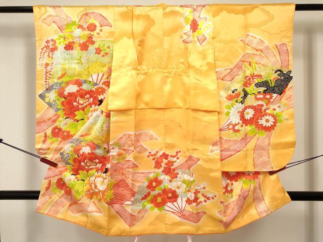 平和屋着物[]七五三　女の子　３歳　祝着　三つ身　駒刺繍　扇面牡丹花文　暈し染め　金彩　逸品　DABE7236ma