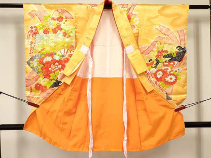 平和屋着物[]七五三　女の子　３歳　祝着　三つ身　駒刺繍　扇面牡丹花文　暈し染め　金彩　逸品　DABE7236ma