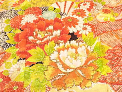 平和屋着物[]七五三　女の子　３歳　祝着　三つ身　駒刺繍　扇面牡丹花文　暈し染め　金彩　逸品　DABE7236ma