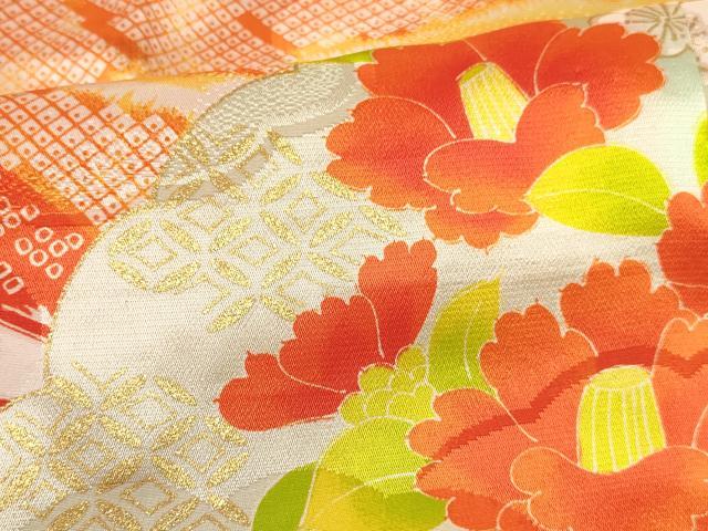 平和屋着物[]七五三　女の子　３歳　祝着　三つ身　駒刺繍　扇面牡丹花文　暈し染め　金彩　逸品　DABE7236ma
