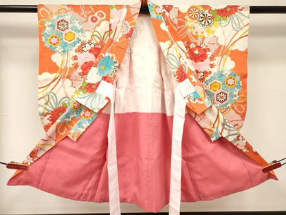平和屋着物[]七五三　女の子　３歳　祝着　三つ身　源氏車花文　金彩　逸品　DABE7237ma