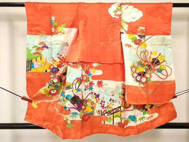 平和屋着物[]七五三　女の子　３歳　祝着　三つ身　駒刺繍　打ち出の小槌　風景花文　金彩　逸品　DABE7238ma