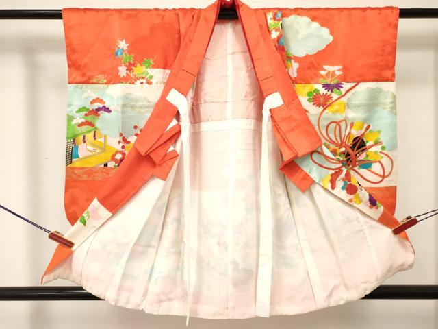 平和屋着物[]七五三　女の子　３歳　祝着　三つ身　駒刺繍　打ち出の小槌　風景花文　金彩　逸品　DABE7238ma