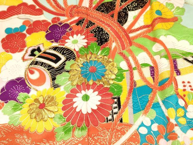 平和屋着物[]七五三　女の子　３歳　祝着　三つ身　駒刺繍　打ち出の小槌　風景花文　金彩　逸品　DABE7238ma