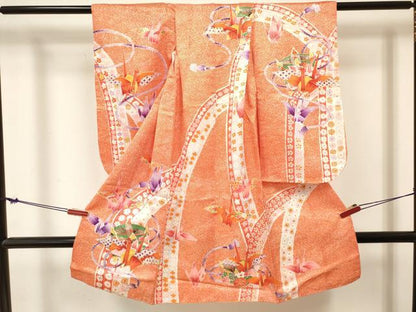 平和屋着物[]七五三　女の子　３歳　祝着　三つ身　駒刺繍　折り鶴　糸車花文　金彩　逸品　DABE7239ma