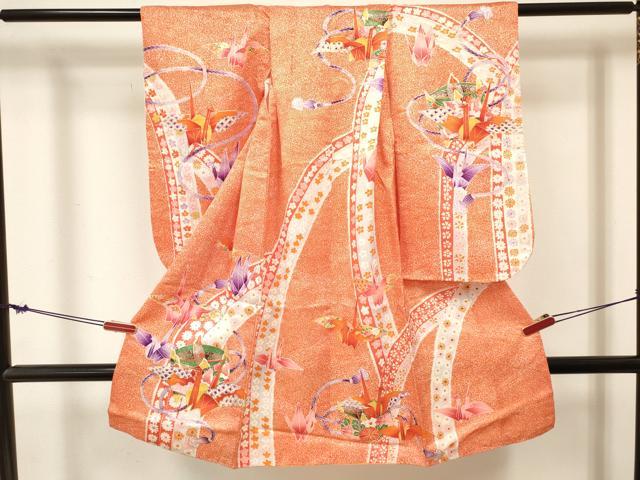 平和屋着物[]七五三　女の子　３歳　祝着　三つ身　駒刺繍　折り鶴　糸車花文　金彩　逸品　DABE7239ma