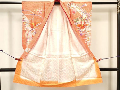 平和屋着物[]七五三　女の子　３歳　祝着　三つ身　駒刺繍　折り鶴　糸車花文　金彩　逸品　DABE7239ma
