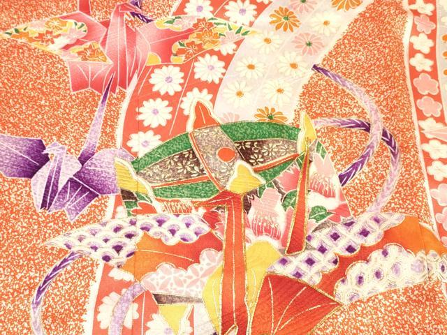 平和屋着物[]七五三　女の子　３歳　祝着　三つ身　駒刺繍　折り鶴　糸車花文　金彩　逸品　DABE7239ma