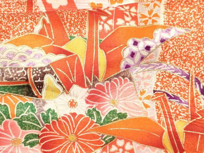 平和屋着物[]七五三　女の子　３歳　祝着　三つ身　駒刺繍　折り鶴　糸車花文　金彩　逸品　DABE7239ma