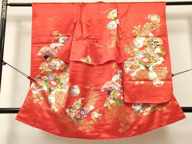 平和屋着物[]七五三　女の子　３歳　祝着　三つ身　扇花文　金彩　逸品　DABE7241ma