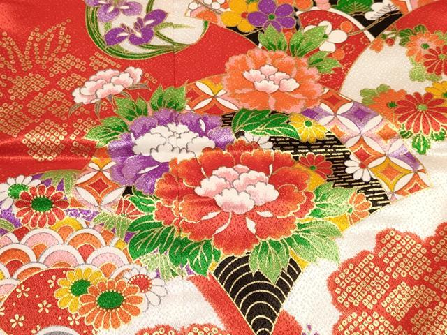 平和屋着物[]七五三　女の子　３歳　祝着　三つ身　扇花文　金彩　逸品　DABE7241ma