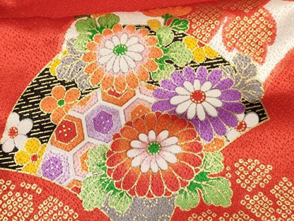 平和屋着物[]七五三　女の子　３歳　祝着　三つ身　扇花文　金彩　逸品　DABE7241ma