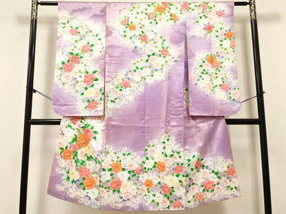 平和屋着物[]七五三　女の子　７歳　祝着　四つ身　駒刺繍　牡丹花文　暈し染め　金彩　洗える着物　DABE7243ma