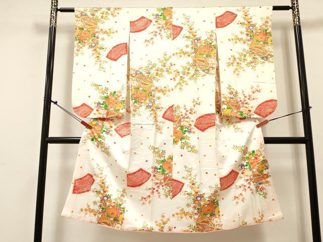平和屋着物[]七五三　女の子　７歳　祝着　四つ身　絞り　地紙糸車花文　金彩　逸品　DABE7244ma