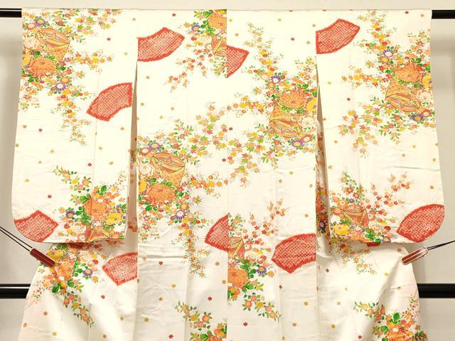 平和屋着物[]七五三　女の子　７歳　祝着　四つ身　絞り　地紙糸車花文　金彩　逸品　DABE7244ma