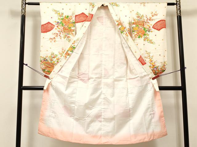 平和屋着物[]七五三　女の子　７歳　祝着　四つ身　絞り　地紙糸車花文　金彩　逸品　DABE7244ma