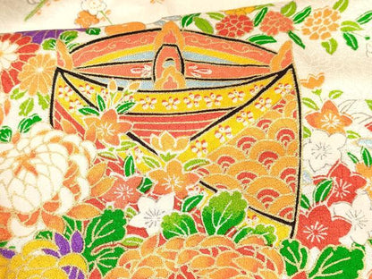 平和屋着物[]七五三　女の子　７歳　祝着　四つ身　絞り　地紙糸車花文　金彩　逸品　DABE7244ma