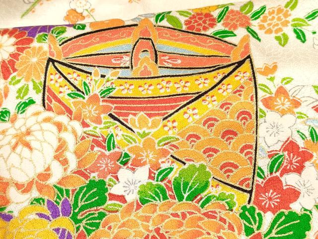 平和屋着物[]七五三　女の子　７歳　祝着　四つ身　絞り　地紙糸車花文　金彩　逸品　DABE7244ma