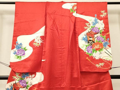 平和屋着物[]七五三　女の子　７歳　祝着　四つ身　駒刺繍　御所車花文　金彩　DABE7246ma
