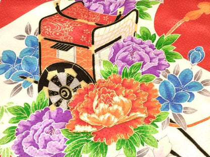 平和屋着物[]七五三　女の子　７歳　祝着　四つ身　駒刺繍　御所車花文　金彩　DABE7246ma