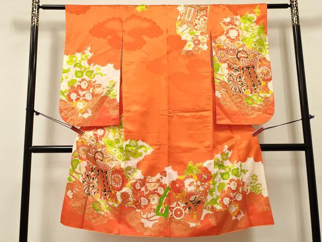 平和屋着物[]七五三　女の子　７歳　祝着　四つ身　駒刺繍　御所車花文　金彩　洗える着物　DABE7248ma