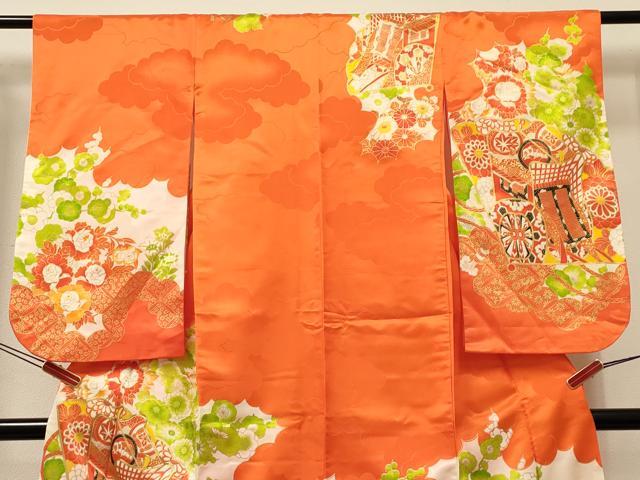 平和屋着物[]七五三　女の子　７歳　祝着　四つ身　駒刺繍　御所車花文　金彩　洗える着物　DABE7248ma