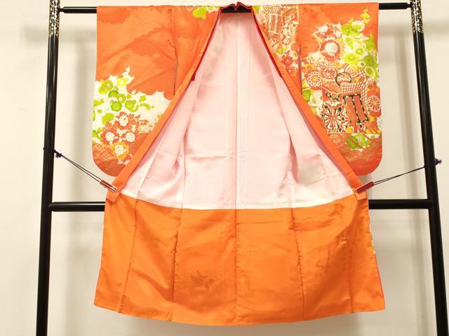平和屋着物[]七五三　女の子　７歳　祝着　四つ身　駒刺繍　御所車花文　金彩　洗える着物　DABE7248ma