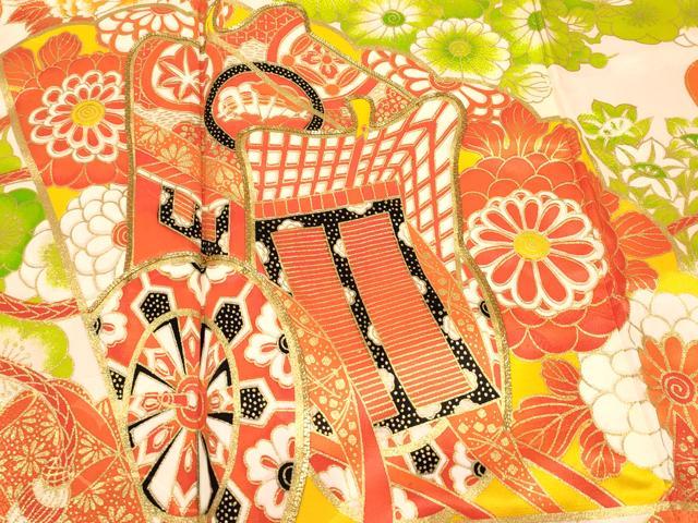 平和屋着物[]七五三　女の子　７歳　祝着　四つ身　駒刺繍　御所車花文　金彩　洗える着物　DABE7248ma