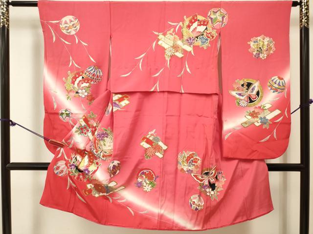 平和屋着物[]七五三　女の子　３歳　祝着　三つ身　鴛鴦　舞蝶花筏文　暈し染め　金銀彩　逸品　DABE7249ma