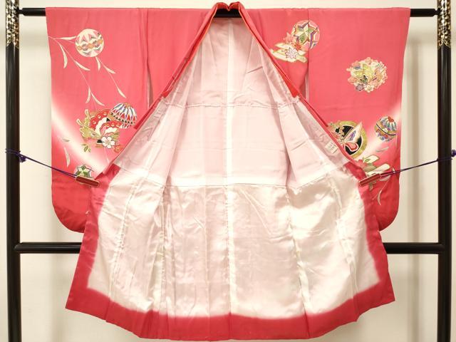 平和屋着物[]七五三　女の子　３歳　祝着　三つ身　鴛鴦　舞蝶花筏文　暈し染め　金銀彩　逸品　DABE7249ma