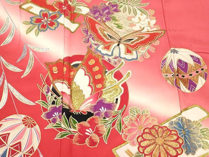 平和屋着物[]七五三　女の子　３歳　祝着　三つ身　鴛鴦　舞蝶花筏文　暈し染め　金銀彩　逸品　DABE7249ma
