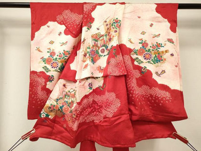 平和屋着物[]お宮参り　女の子　祝着　産着　初着　のしめ　絞り　地紙重ね　御所車花文　暈し染め　金彩　逸品　DABE7252ma