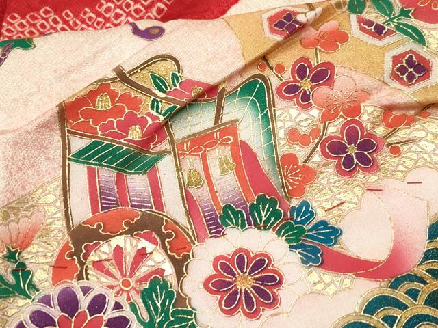 平和屋着物[]お宮参り　女の子　祝着　産着　初着　のしめ　絞り　地紙重ね　御所車花文　暈し染め　金彩　逸品　DABE7252ma