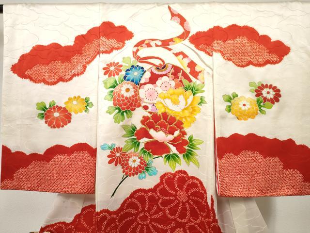 平和屋着物[]お宮参り　女の子　祝着　産着　初着　のしめ　駒刺繍　絞り　鈴花文　金彩　逸品　DABE7254ma