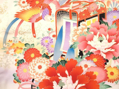 平和屋着物[]お宮参り　女の子　祝着　産着　初着　のしめ　御所車花鳥文　暈し染め　金銀彩　逸品　DABE7255ma