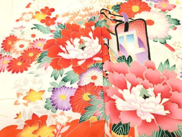 平和屋着物[]お宮参り　女の子　祝着　産着　初着　のしめ　御所車花鳥文　暈し染め　金銀彩　逸品　DABE7255ma