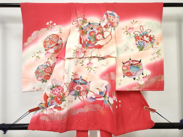 平和屋着物[]お宮参り　女の子　祝着　産着　初着　のしめ　糸車花鳥文　暈し染め　金銀彩　逸品　DABE7256ma