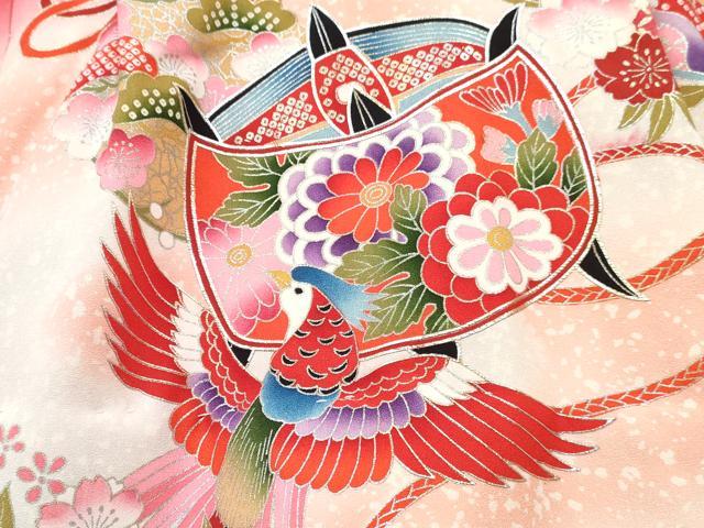 平和屋着物[]お宮参り　女の子　祝着　産着　初着　のしめ　糸車花鳥文　暈し染め　金銀彩　逸品　DABE7256ma