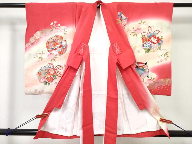 平和屋着物[]お宮参り　女の子　祝着　産着　初着　のしめ　糸車花鳥文　暈し染め　金銀彩　逸品　DABE7256ma