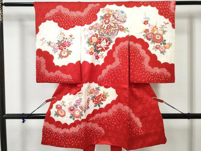 平和屋着物[]お宮参り　女の子　祝着　産着　初着　のしめ　絞り　鞠花蝶文　金彩　逸品　DABE7257ma