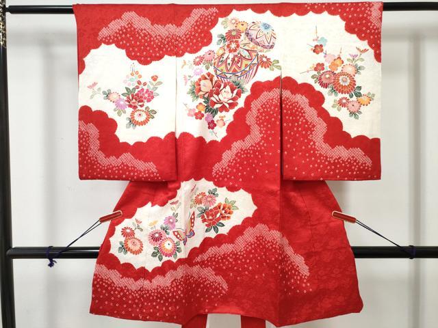 平和屋着物[]お宮参り　女の子　祝着　産着　初着　のしめ　絞り　鞠花蝶文　金彩　逸品　DABE7257ma