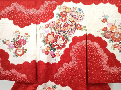 平和屋着物[]お宮参り　女の子　祝着　産着　初着　のしめ　絞り　鞠花蝶文　金彩　逸品　DABE7257ma