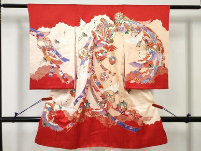 平和屋着物[]お宮参り　女の子　祝着　産着　初着　のしめ　雪輪飛鶴花文　暈し染め　金彩　逸品　DABE7258ma