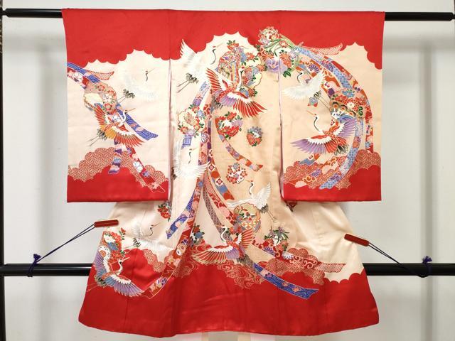 平和屋着物[]お宮参り　女の子　祝着　産着　初着　のしめ　雪輪飛鶴花文　暈し染め　金彩　逸品　DABE7258ma